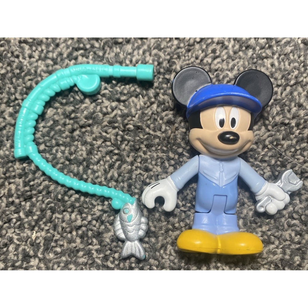 Disney MICKEY MOUSE Figure 3" Plastic Mechanic & Fishing Rod Pole Fish